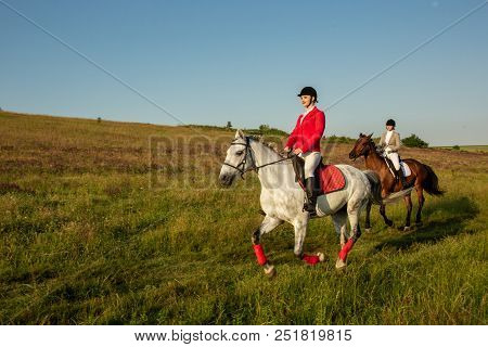 Horseback Riders. Two Attractive Women Ride Horses On A Green Meadow. Horse Riding. Horse Racing. Ri