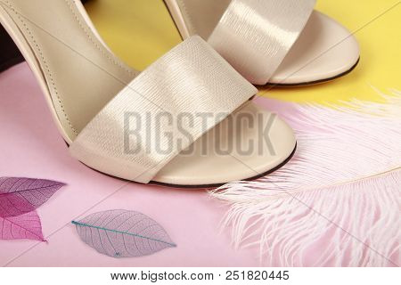 Woman Summer Shoes With Accecories On Background Clouse Up