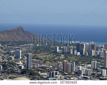 Aerial View Of Honolulu Cityscape, Diamondhead, Ala Wai Golf Course, The Gold Coast, Pacific Ocean, 