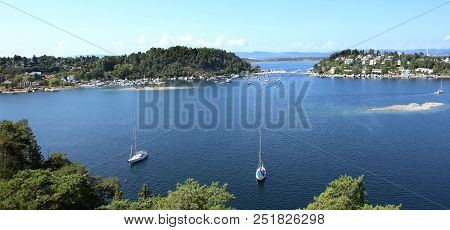 Oslo, Norway - July 22, 2018: View To Oslo Fjord. Two Islands Ormoya And Malmoya Connected To The Ma