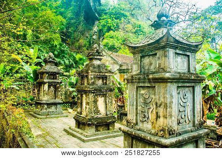Buddhist Stupas Of The Ancient Bich Dong Pagoda Complex, Tam Coc, Ninh Binh In Vietnam