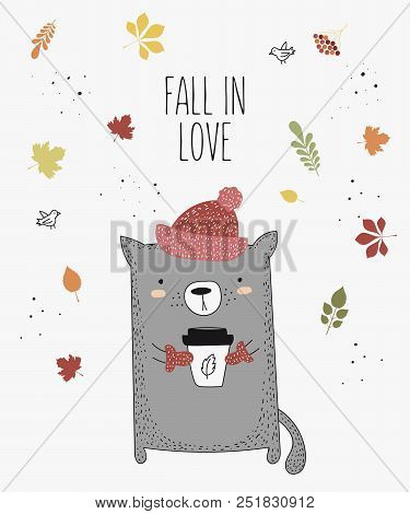 Vector Line Drawing Cat In A Hat With Slogan About Autumn