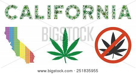 California Text Composition Of Weed Leaves In Different Sizes And Green Tints. Vector Flat Hemp Obje