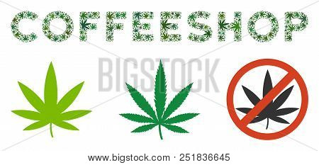 Coffeeshop Label Collage Of Cannabis Leaves In Various Sizes And Green Tinges. Vector Flat Cannabis 