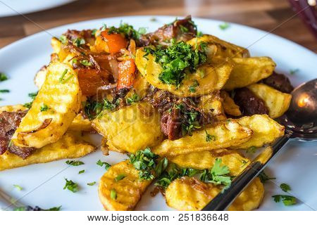 Fried Potatoes And Meat, Ojakhuri - Traditional Georgian Food