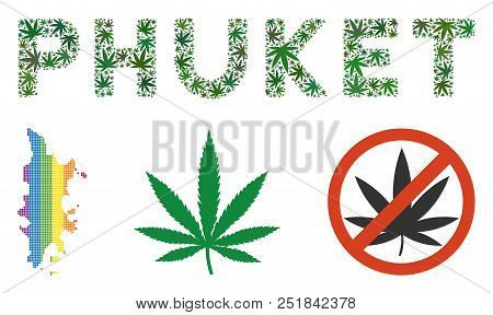 Phuket Label Mosaic Of Weed Leaves In Different Sizes And Green Hues. Vector Flat Marijuana Leaves A