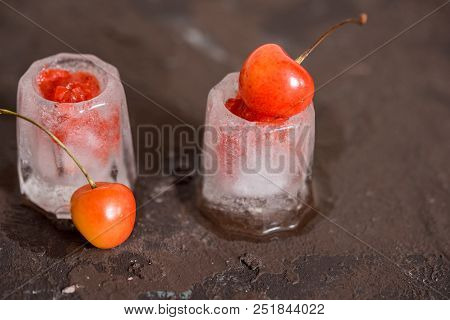 Fresh Cherry Cocktail. Fresh Summer Cocktail With Cherry And Ice Cubes. Glass Of Cherry Soda Drink O