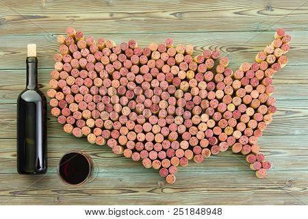 Usa Map Of Old Wine Corks With A Full Unlabelled Generic Bottle Of Red Wine And Glass Alongside On A