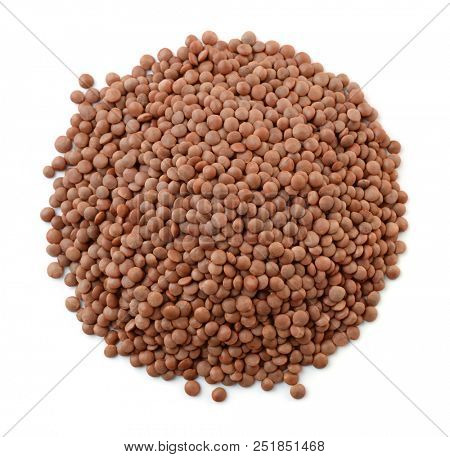Top view of dry brown lentils isolated on white