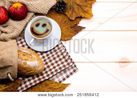 Cup Of Hot Coffee With Toast For Autumn Season Warm Drink. Fall Harvest Cornucopia. Copy Space On Wo