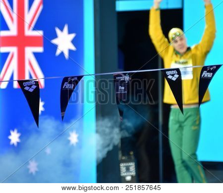 Budapest, Hungary - Jul 25, 2017. Arena Logo On The Backstroke Indicator. Mitchell Larkin (aus) Behi