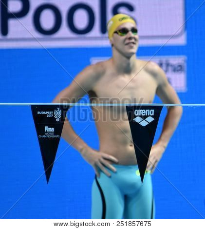 Budapest, Hungary - Jul 25, 2017. Arena Logo On The Backstroke Indicator. Mitchell Larkin (aus) Behi