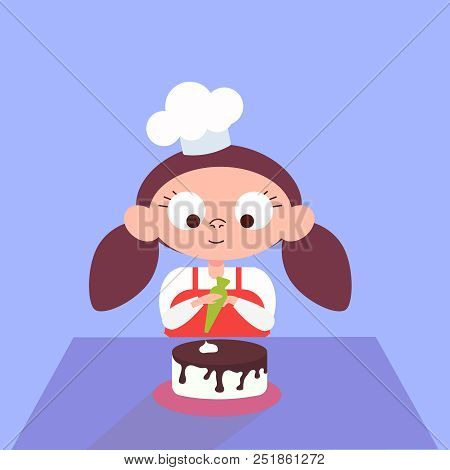 Little Cook, The Child Is Cooking. Cake Making. Woman Decorating Chocolate Cake In The Kitchen. Bake