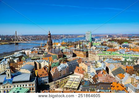Panoramic View Of The City Of Riga, Latvia From The Height Of The Tower Church Of St. Peter