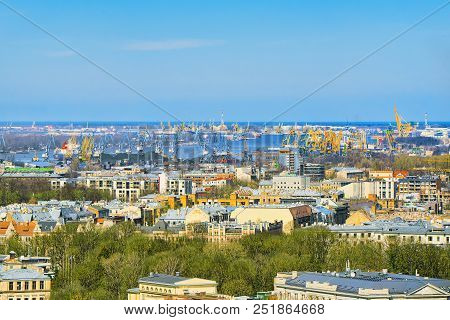 Panoramic View Of The City Of Riga, Latvia From The Height Of The Tower Church Of St. Peter