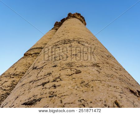 Capernaum, Israel, March 31 2018: Upward Column In Remains Of Synagogue In The Capharnaum The Town O
