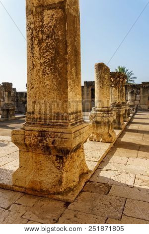 Capernaum, Israel, March 31 2018: Remains Of Synagogue In The Capharnaum The Town Of Jesus