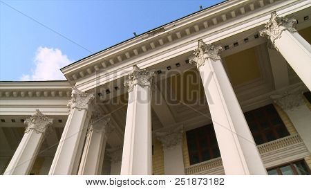 Close-up Of A Line Of Greek-style Columns. Scene. Old Building With Columns.