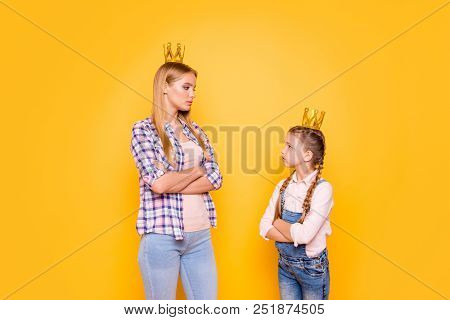 Stepsister Adopted Mom Mum Mommy Concept. Portrait Of Upset Sad Beautiful Angry Girls Standing With 