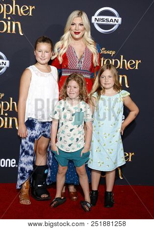 Tori Spelling, Stella Doreen McDermott, Finn Davey McDermott and Hattie Margaret McDermott at the LA premiere of 'Christopher Robin' held at the Walt Disney Studios in Burbank, USA on July 30, 2018.