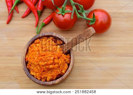 Sambal, Traditional Homemade Indonesian Chili Paste With Fresh Red Chillies