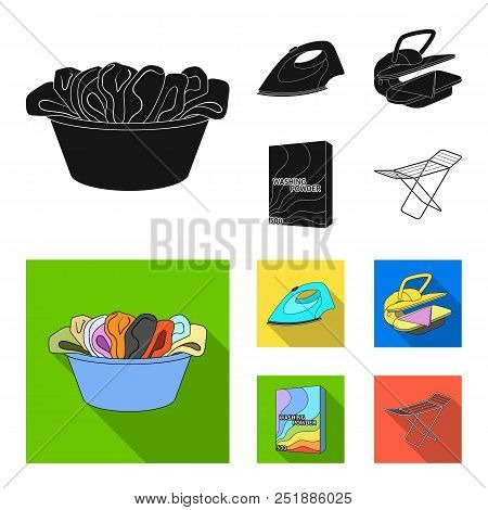 A Bowl With Laundry, Iron, Ironing Press, Washing Powder. Dry Cleaning Set Collection Icons In Black
