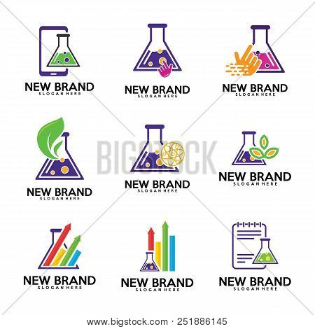 Set Of Chemistry Labs Logo Template, Biology Labs, Leaf, Stats, Finance, Note, Touch Icon, Phone.