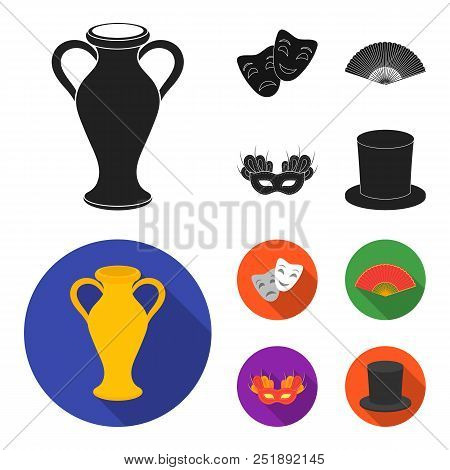 Theatrical Mask, Cylinder, Fan, Mask On The Eyes. Theater Set Collection Icons In Black, Flat Style 