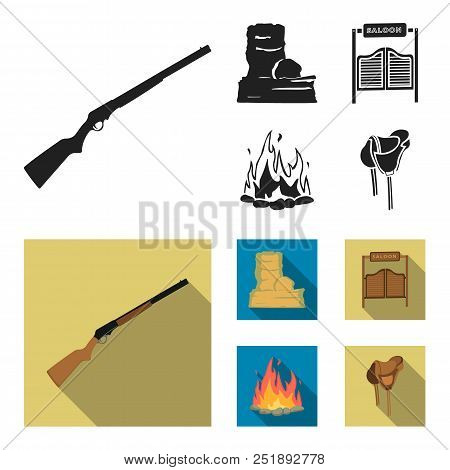 Winchester, Saloon, Rock, Fire.wild West Set Collection Icons In Black, Flat Style Vector Symbol Sto