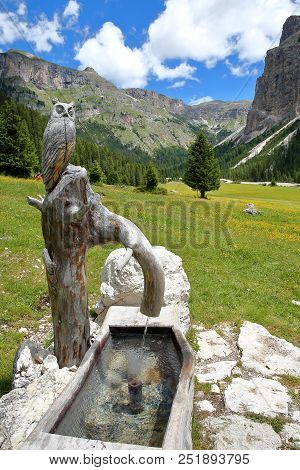 A Fountain (with A Carved Wooden Owl) Along Vallunga Valley Above Selva, Val Gardena, Dolomites, Ita