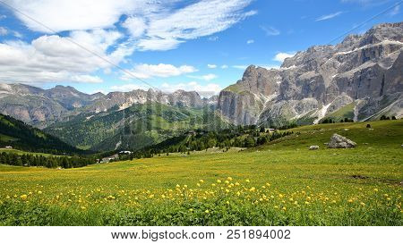 Sella Group Mountains (on The Right) And Cir Mountains (on The Left) Viewed From A Hiking Path Above