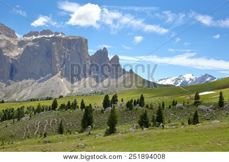 The Southern Part Of Sella Group Mountains Near Sella Pass Above Selva, Val Gardena, Dolomites, Ital
