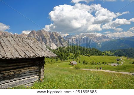 Puez Odle Mountain Range (on The Left) And Sella Group Mountains (on The Right) Viewed From A Hiking