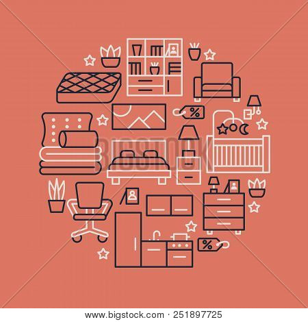 Furniture Sale Banner Illustration With Flat Line Icons. Interior Store Poster With Living Room, Bed
