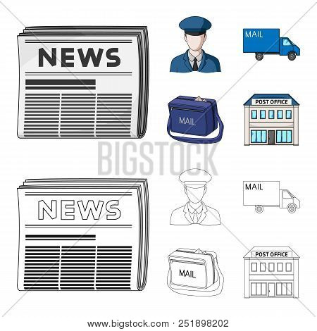 The Postman In Uniform, Mail Machine, Bag For Correspondence, Postal Office.mail And Postman Set Col