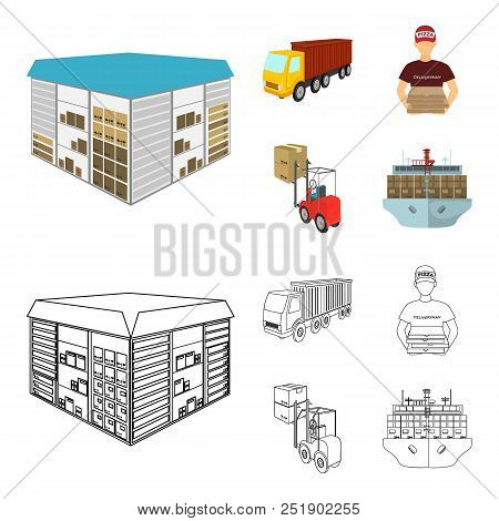 Truck, Courier For Delivery Of Pizza, Forklift, Storage Room. Logistics And Delivery Set Collection 