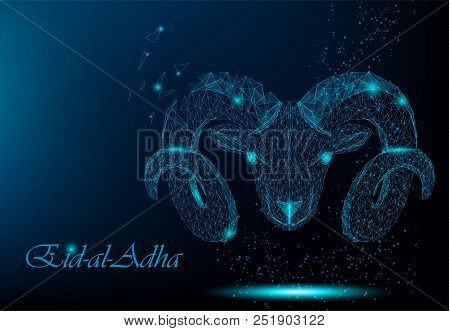 Muslim Holiday Eid Al-adha. Polygonal Ram For Kurban Bayrami. Holy Month. Vector Illustration On Dar