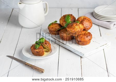Homemade Freefly Baked Double Cheese Muffins With Basilic On A White Wooden Board. Healthy Snack Or 