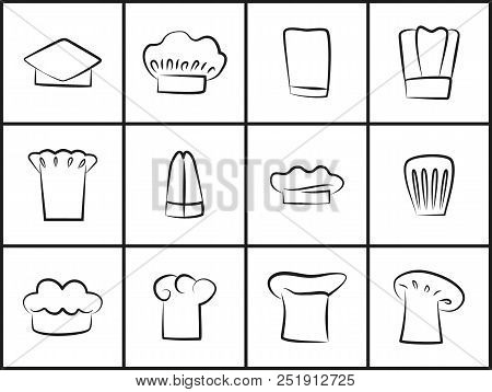 Chef Hats Of All Shapes Thin Outline Set. Cooks Uniform Elements With Various Designs. Sketches Isol