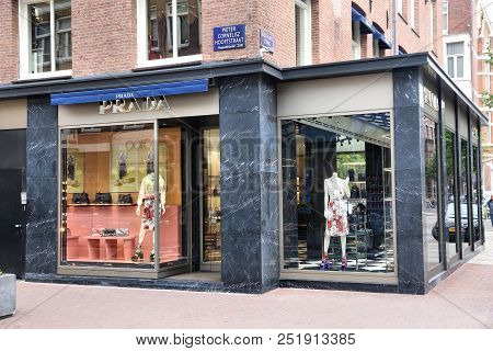 Amsterdam, Netherlands - July 10, 2017: Prada High Fashion Shop At P.c. Hooftstraat In Amsterdam. Pi