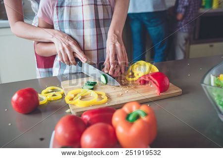 A Picture Of Colorful And Tasty Food Lying On The Table. There Are Peppers, Tomatoes Cucumber. Mothe