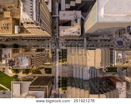 Aerial straight down view of skyscapers and cityscape in Oklahoma City, USA.