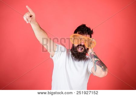 Man Bearded Hipster Dj Wears Giant Louvered Sunglasses. Sunglasses Accessory Gives Incredible Feelin