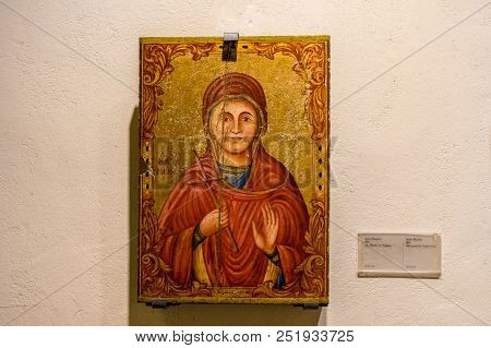 Omodos, Cyprus. May 2018. A Religious Icon From 1866 On Display In The Monastery Of The Holy Cross I