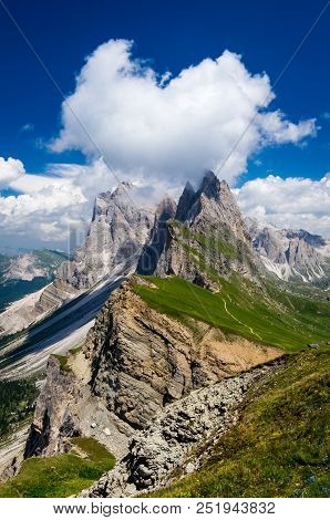 Gruppo Delle Odle, View From Seceda. Puez Odle Massif In Dolomites Mountains, Italy, South Tyrol Alp