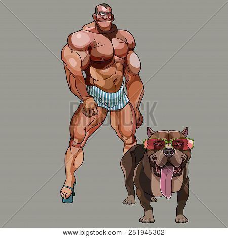 Cartoon Funny Man Bodybuilder In Shorts Next To Dog Wearing Glasses