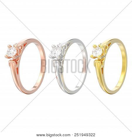 3d Illustration Isolated Three Yellow Rose And White Gold Or Silver Solitaire Wedding Diamond Rings 