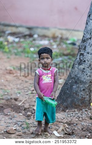 Pondichery, Puducherry, Tamil Nadu, India - March Circa, 2018. Unidentified Small Indian Barefoot Bo