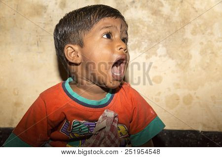 Pondichery, Puducherry, Tamil Nadu, India 6 March Circa, 2018. An Unidentified Little Beggar Boy Fro