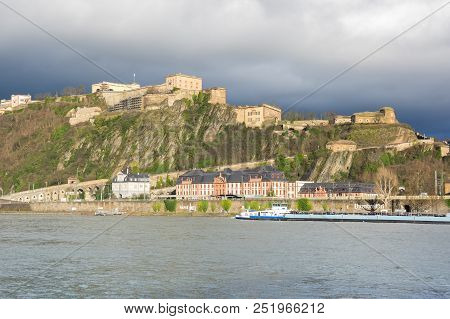 Koblenz, Germany - February 21, 2016: Fortress Ehrenbreitstein As Seen From Koblenz, A City Situated